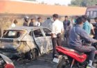 बस और कार की जोरदार टक्कर, कार जलकर हुई खाक